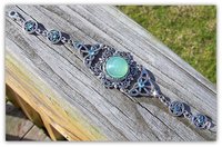 Celtic Knot Bracelet Silver Triquetra Filigree with Green Cabochon and Crystals