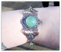 Celtic Knot Bracelet Silver Triquetra Filigree with Green Cabochon and Crystals