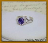 Silver Plated Tanzanite Ring, Adjustable Medieval Crown Crystal Split Shank Ring