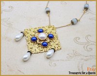 Medieval Catherine of Aragon Tudor Renaissance Spanish Princess Genuine Aquamarine Pearl Antique Gold Filigree Anne Boleyn Necklace Jewelry