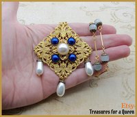 Medieval Catherine of Aragon Tudor Renaissance Spanish Princess Genuine Aquamarine Pearl Antique Gold Filigree Anne Boleyn Necklace Jewelry