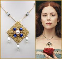 Medieval Catherine of Aragon Tudor Renaissance Spanish Princess Genuine Aquamarine Pearl Antique Gold Filigree Anne Boleyn Necklace Jewelry