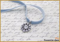 Edwardian Regency Blue Velvet Ribbon Antique Silver Crystal Choker Necklace