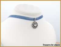 Edwardian Regency Blue Velvet Ribbon Antique Silver Crystal Choker Necklace