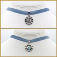 Edwardian Regency Blue Velvet Ribbon Antique Silver Crystal Choker Necklace