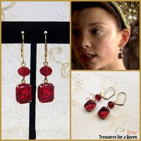 Anne Boleyn Tudor Medieval Renaissance Victorian Antique Gold Ruby Red Glass Crystal Replica Wire Dangel Chandelier Earrings