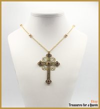 Elizabethan Tudor Gold Pearl Cross 16th Century Medieval Renaissance Jacobean Ruby Red Crystal Large Queen Anne Musketeers Replica Necklace