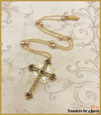 Elizabethan Tudor Gold Pearl Cross 16th Century Medieval Renaissance Jacobean Ruby Red Crystal Large Queen Anne Musketeers Replica Necklace