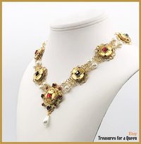 Historical Italian Renaissance Portrait Replica Eleonora di Garzia di Toledo Quatrefoil Pearl Ruby Red Crystal Gold Tudor Medieval Necklace