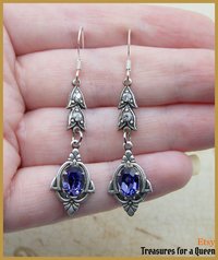 Victorian Dangle Earrings, Silver Plated Filigree French Hook Tanzanite Crystal