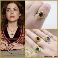 Medieval Tudor Renaissance Historical Reproduction Ring Raw Brass Adjustable Emerald Green Sapphire Blue Garnet Red Glass Faire Madrigal