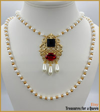 Queen Elizabeth I Historical Reproduction 2 Necklace Set Gold Brass Filigree Ruby Red Glass Beaded Glass Pearl Becoming Elizabeth Tudor