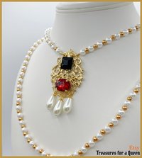 Queen Elizabeth I Historical Reproduction 2 Necklace Set Gold Brass Filigree Ruby Red Glass Beaded Glass Pearl Becoming Elizabeth Tudor