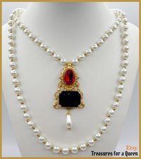 Jane Seymour Historical Reproduction 2 Necklace Set Tudor Replica Glass Pearl Brass Filigree Red Black Faceted Glass Gold Tone Bead Medieval