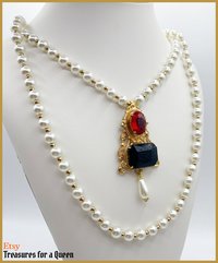 Jane Seymour Historical Reproduction 2 Necklace Set Tudor Replica Glass Pearl Brass Filigree Red Black Faceted Glass Gold Tone Bead Medieval