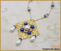 Medieval Catherine of Aragon Tudor Renaissance Spanish Princess Genuine Aquamarine Pearl Antique Gold Filigree Anne Boleyn Necklace Jewelry