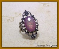 Gothic Victorian Filigee Ring Silver Plated with Faux Opal and Adjustable Band