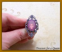 Gothic Victorian Filigee Ring Silver Plated with Faux Opal and Adjustable Band