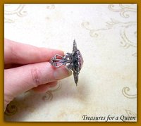 Gothic Victorian Filigee Ring Silver Plated with Faux Opal and Adjustable Band