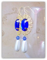 Medieval Tudor Earrings, Renaissance Sapphire Blue Crystal Dangle Statement Earrings