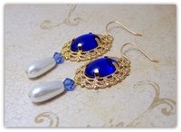 Medieval Tudor Earrings, Renaissance Sapphire Blue Crystal Dangle Statement Earrings