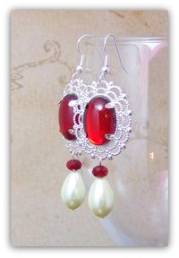 Medieval Tudor Earrings, Renaissance Ruby Red Crystal Dangle Statement Earrings