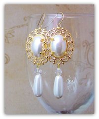 Medieval Tudor Earrings, Renaissance Faux Pearl Crystal Dangle Statement Earrings