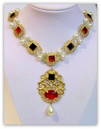 Tudor Replica Necklace Catherine Parr Historical Reproduction Brass Filigree with Red and Black Glass