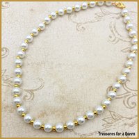 Historical Pearl Necklace Replica - Elegant Glass Pearl and Gold Bead Choker