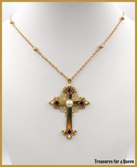 Medieval Tudor Cross Necklace - 16th Century Antique Gold Pearl Chain Renaissance Jewelry