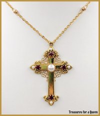 Medieval Tudor Cross Necklace - 16th Century Antique Gold Pearl Chain Renaissance Jewelry