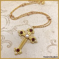 Medieval Tudor Cross Necklace - 16th Century Antique Gold Pearl Chain Renaissance Jewelry