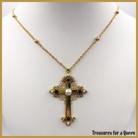Medieval Tudor Cross Necklace - 16th Century Antique Gold Pearl Chain Renaissance Jewelry