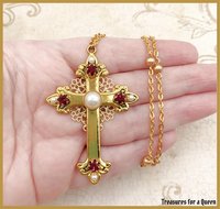 Medieval Tudor Cross Necklace - 16th Century Antique Gold Pearl Chain Renaissance Jewelry