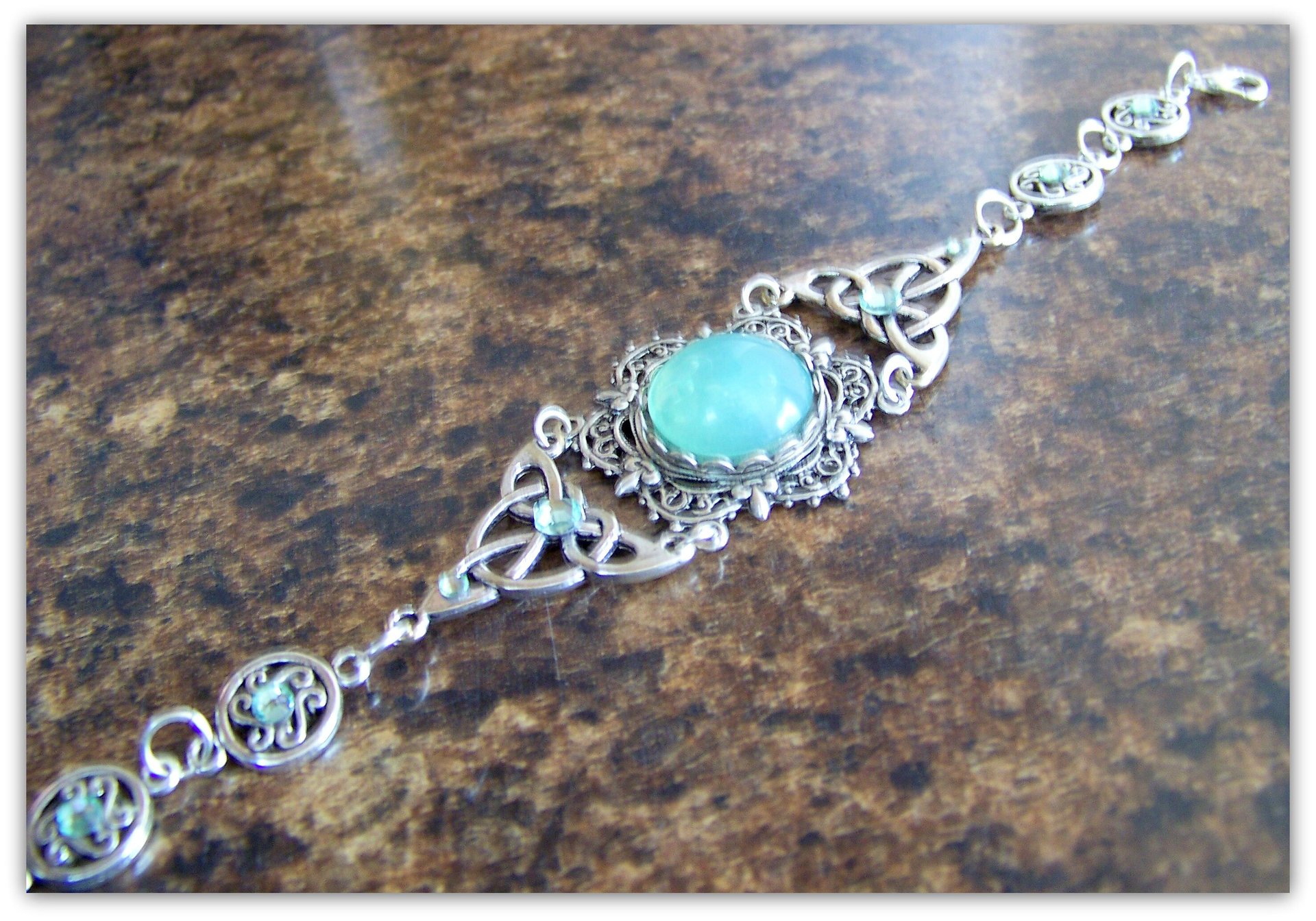 Celtic Knot Bracelet Silver Triquetra Filigree with Green Cabochon and Crystals