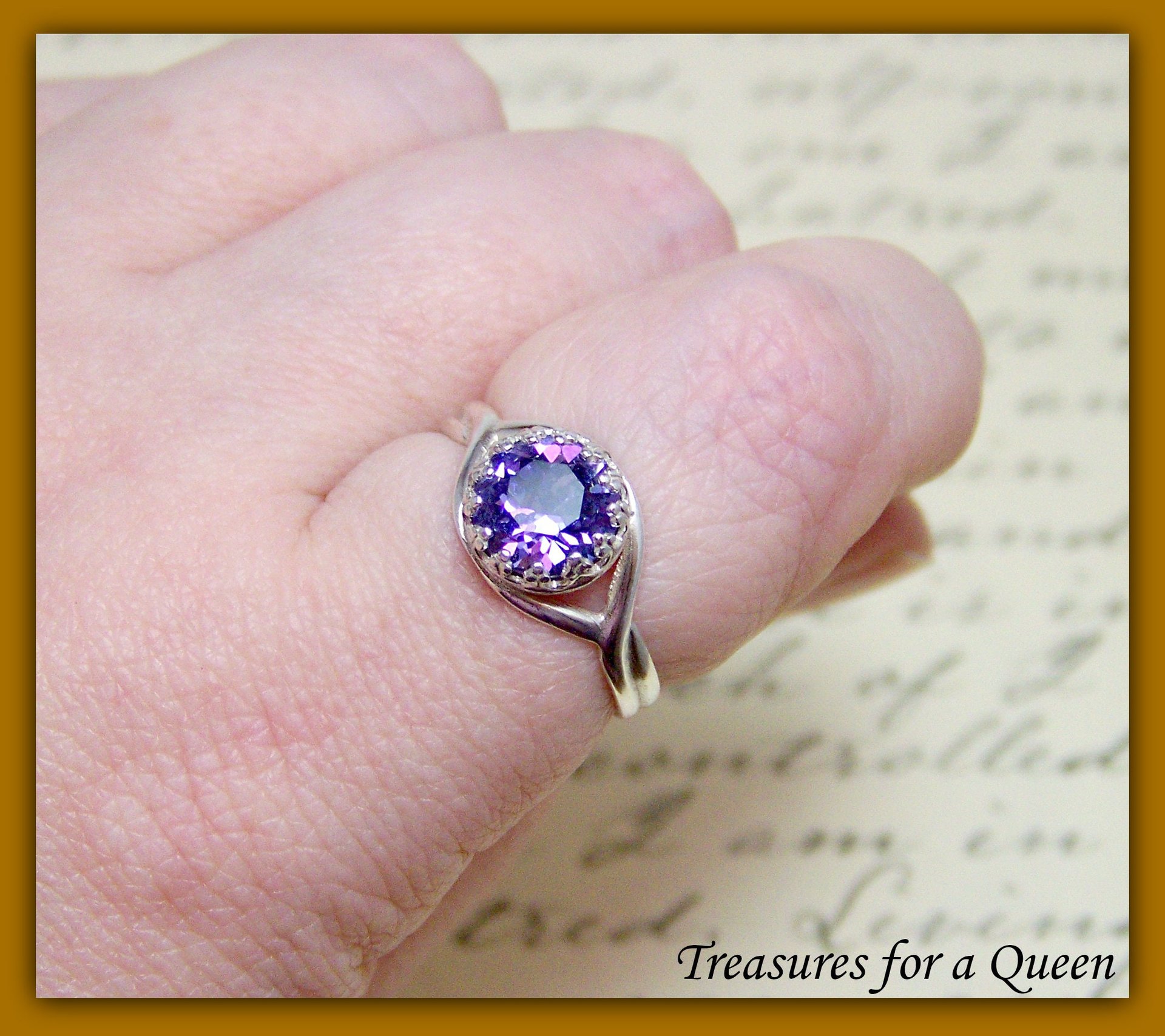 Silver Plated Tanzanite Ring, Adjustable Medieval Crown Crystal Split Shank Ring