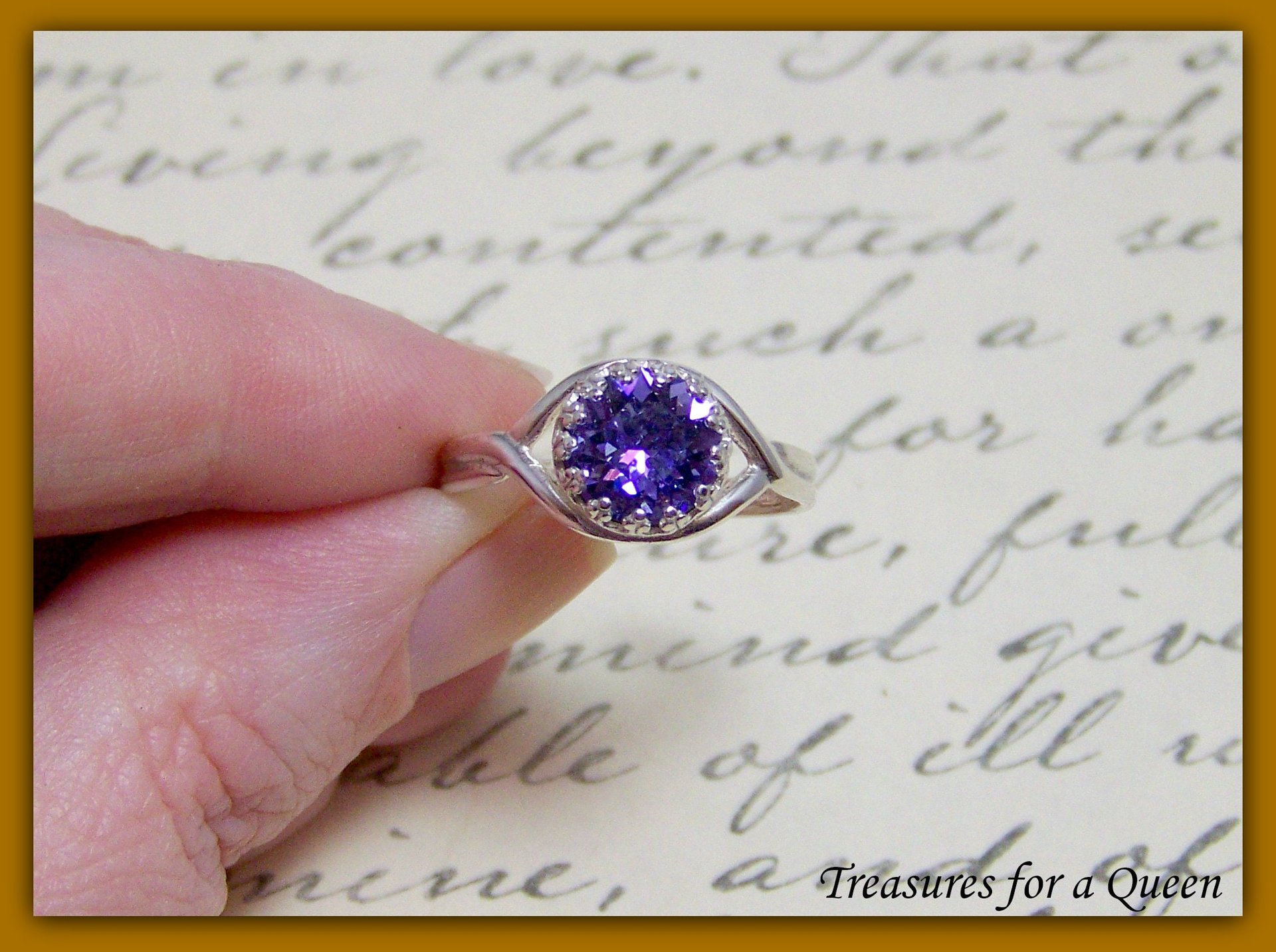 Silver Plated Tanzanite Ring, Adjustable Medieval Crown Crystal Split Shank Ring