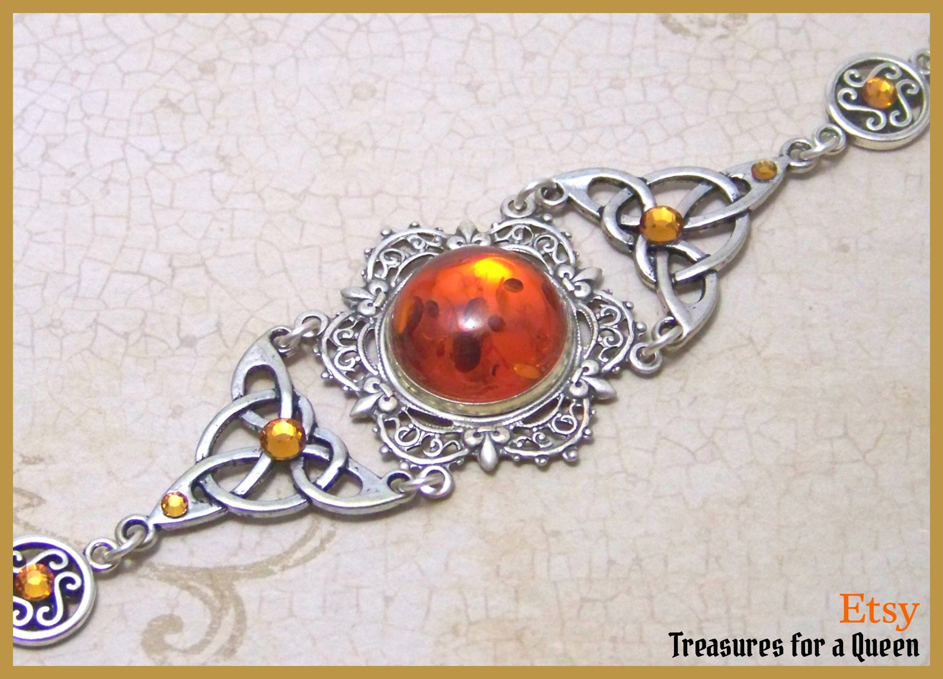 Celtic Scottish Irish Bracelet Triquetra Celtic Knot Antique Silver Faux Amber Swarovski Crystal Celtic Wedding Jewelry Victorian