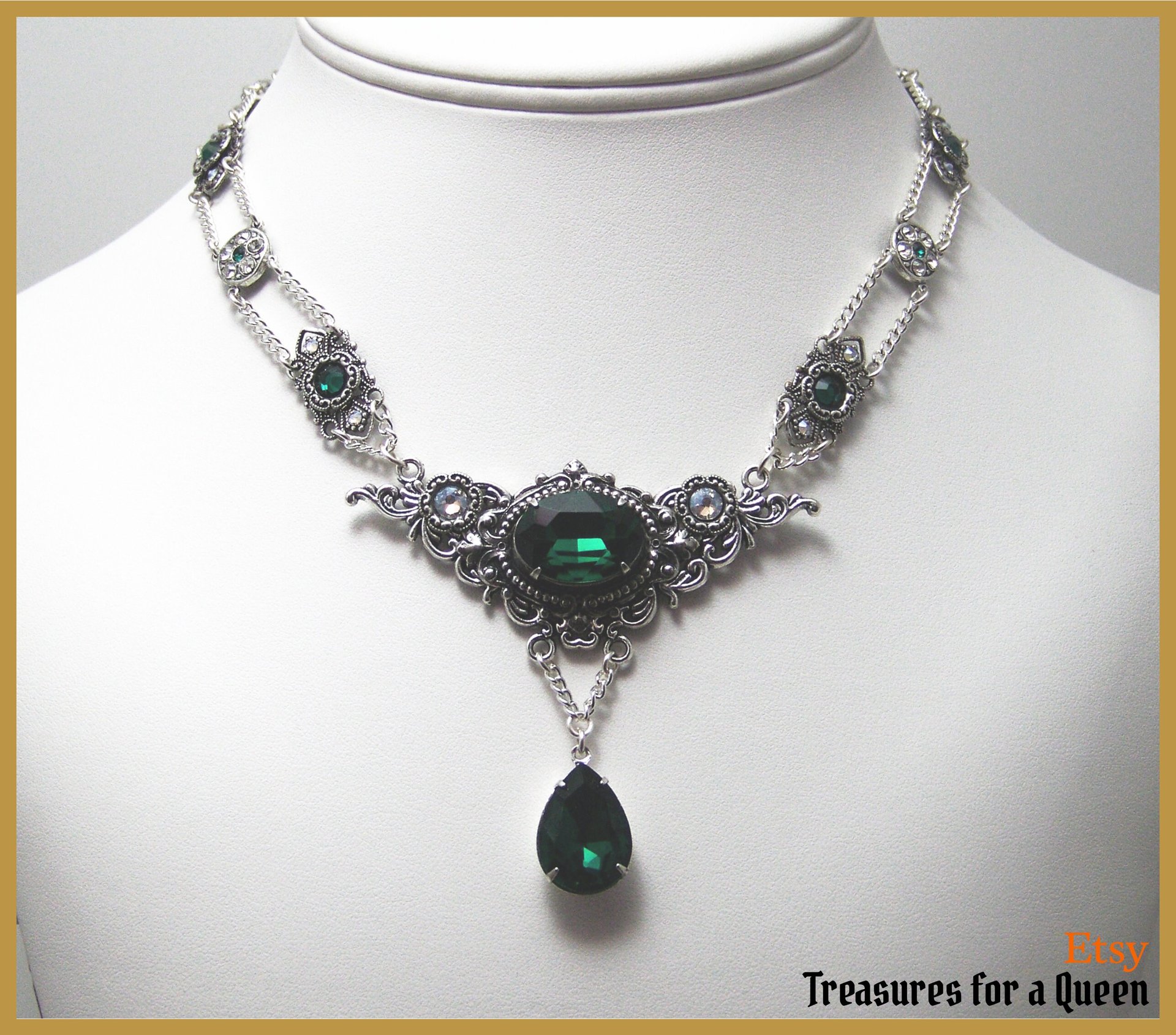 Emerald Green Silver Gothic Victorian Necklace 