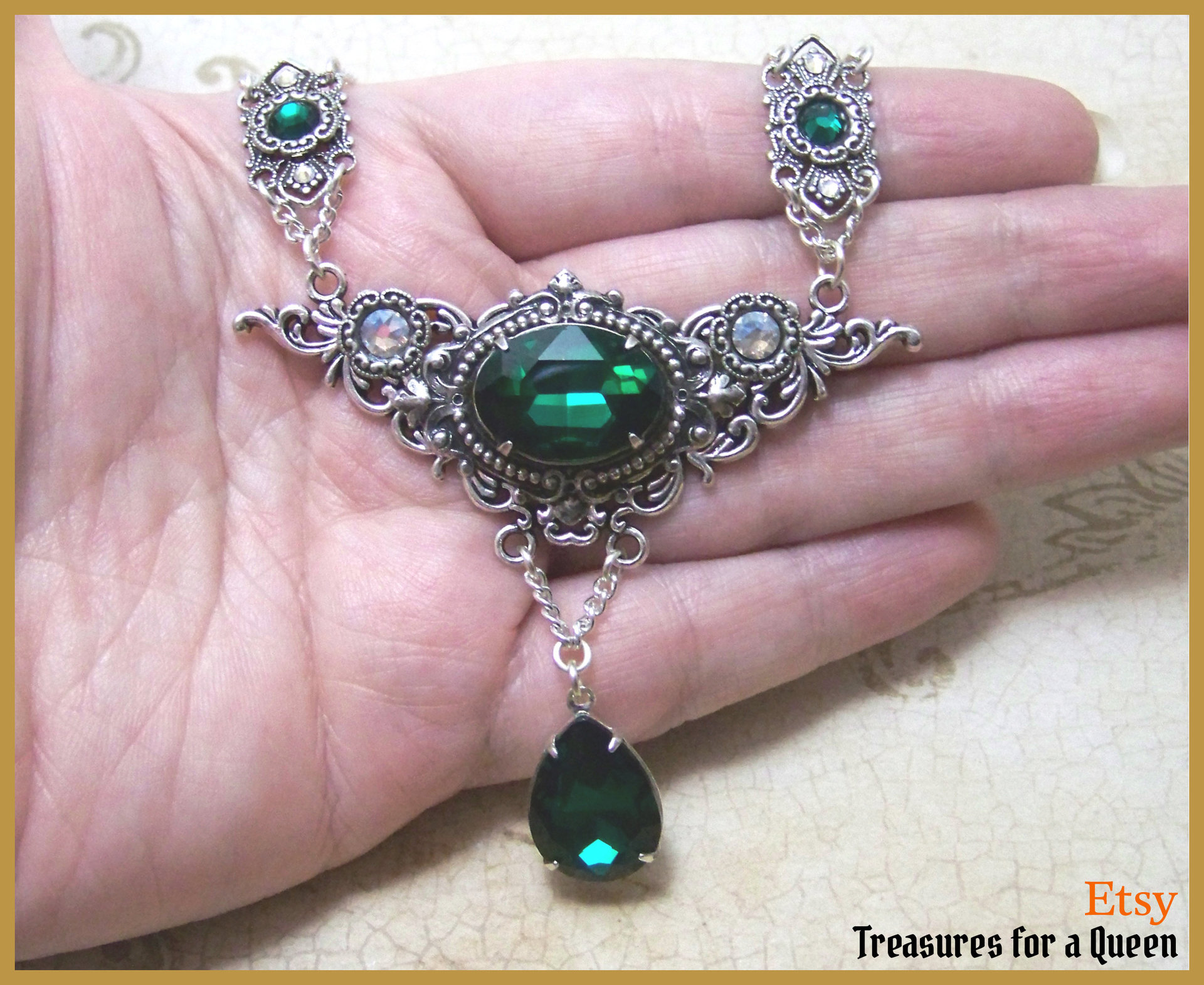 Emerald Green Silver Gothic Victorian Necklace 