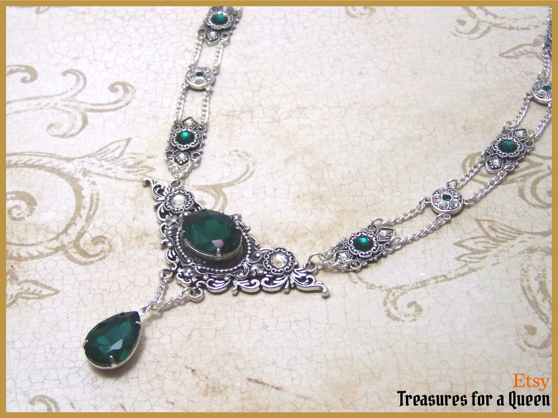 Emerald Green Silver Gothic Victorian Necklace 