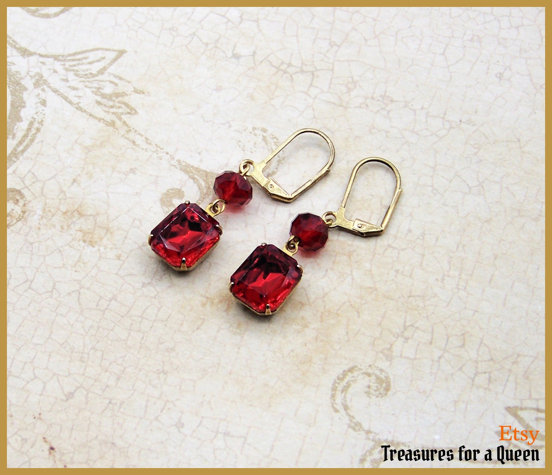 Anne Boleyn Tudor Medieval Renaissance Victorian Antique Gold Ruby Red Glass Crystal Replica Wire Dangel Chandelier Earrings