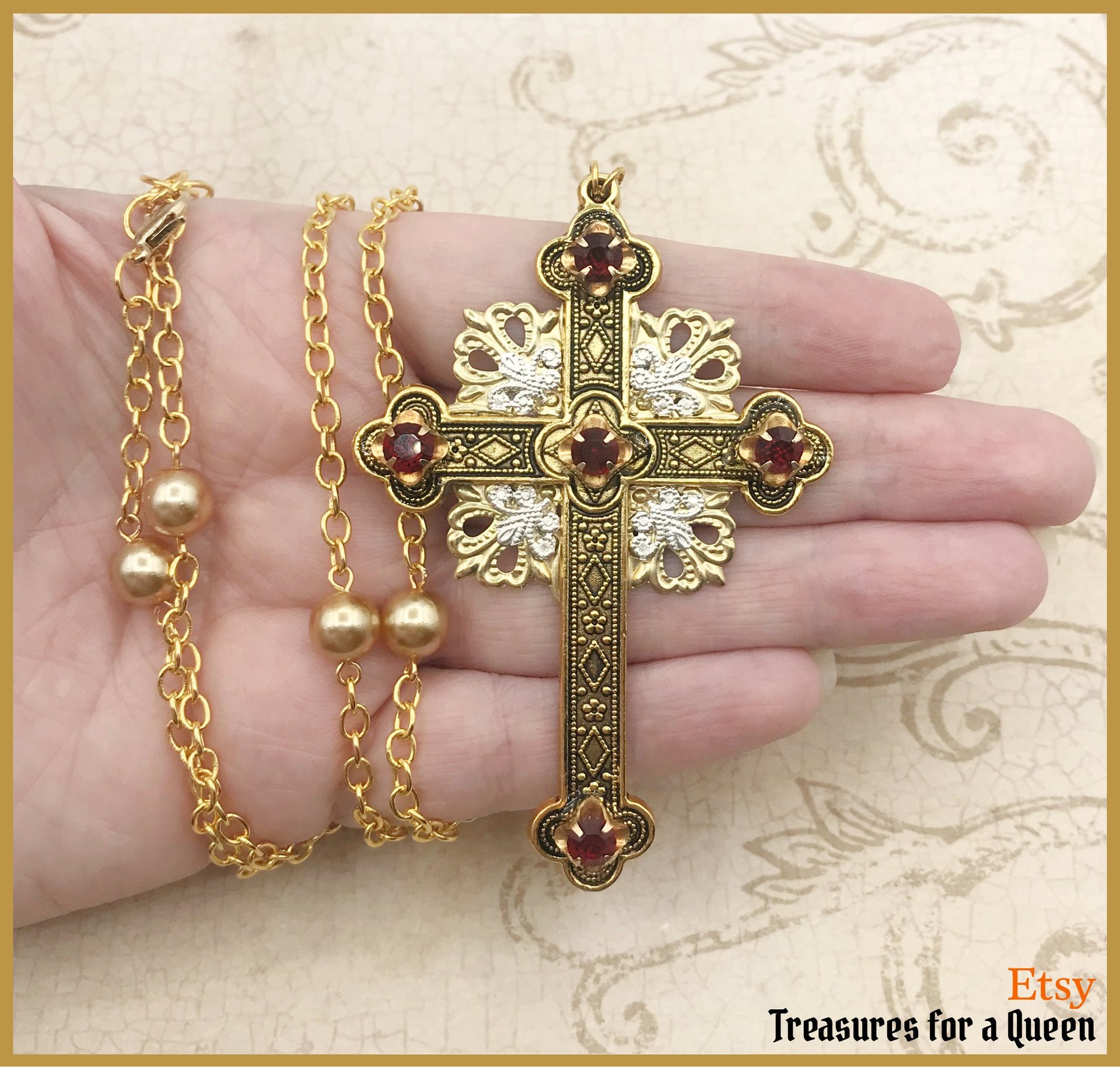 Elizabethan Tudor Gold Pearl Cross 16th Century Medieval Renaissance Jacobean Ruby Red Crystal Large Queen Anne Musketeers Replica Necklace