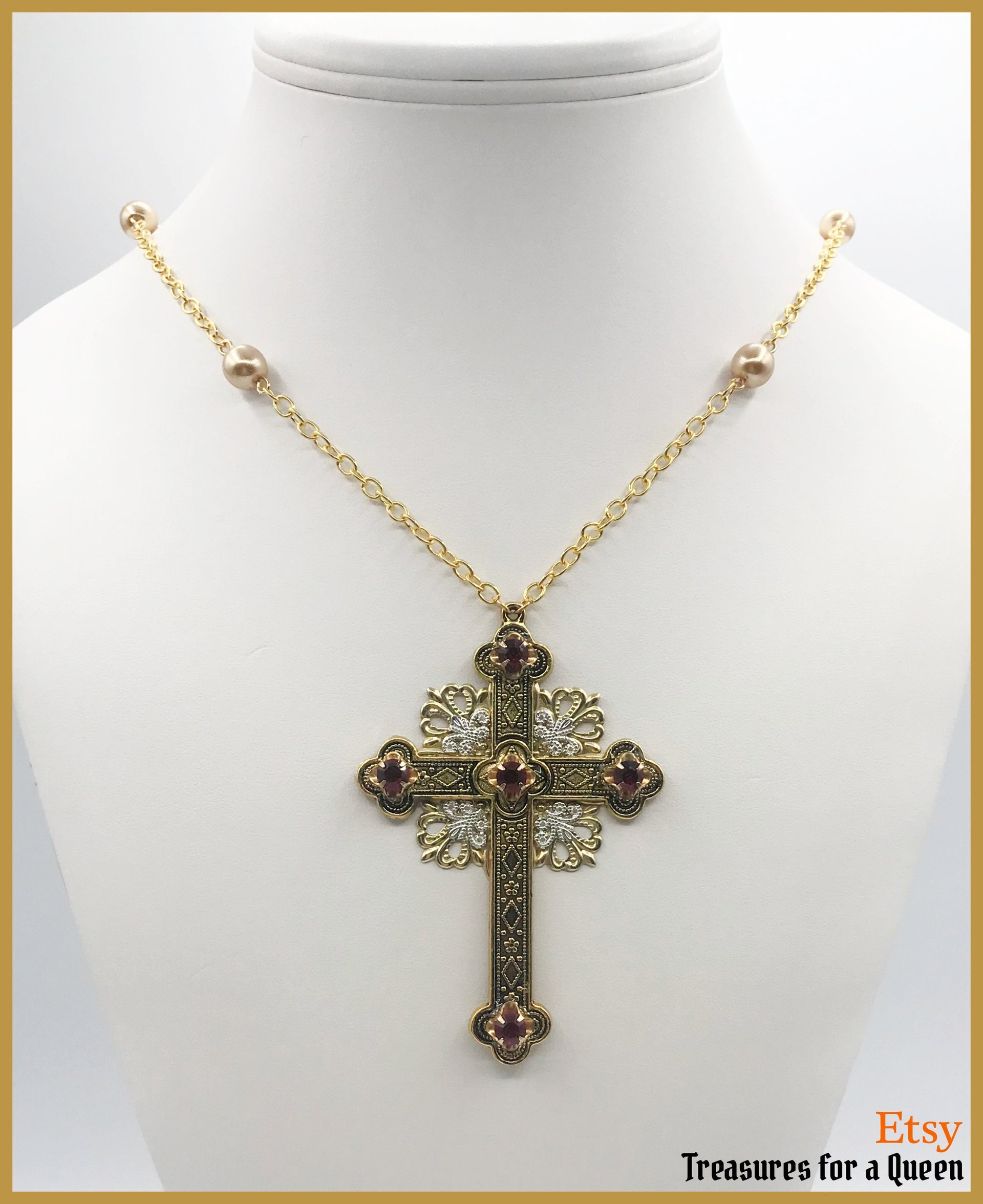 Elizabethan Tudor Gold Pearl Cross 16th Century Medieval Renaissance Jacobean Ruby Red Crystal Large Queen Anne Musketeers Replica Necklace