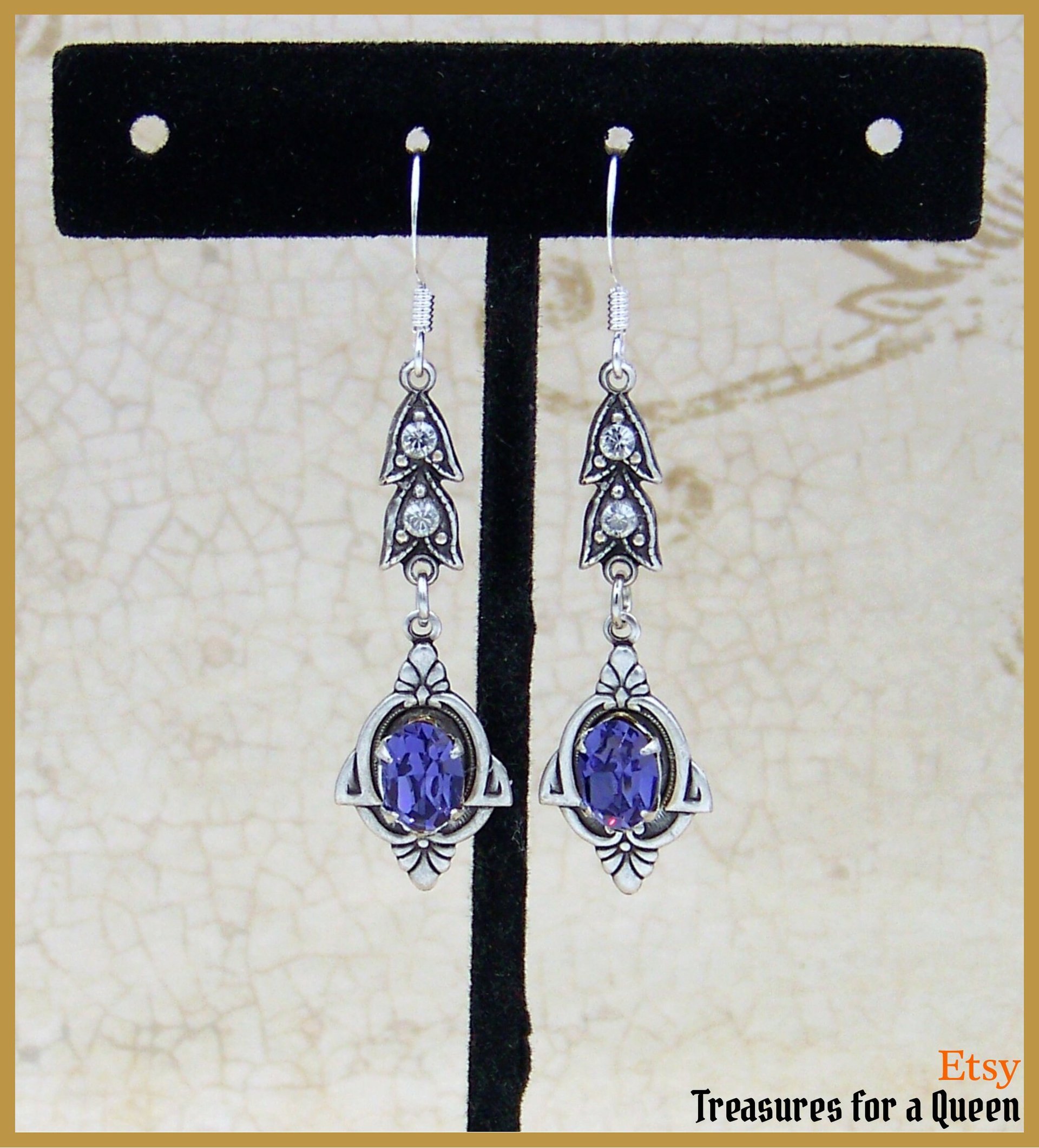 Victorian Dangle Earrings, Silver Plated Filigree French Hook Tanzanite Crystal