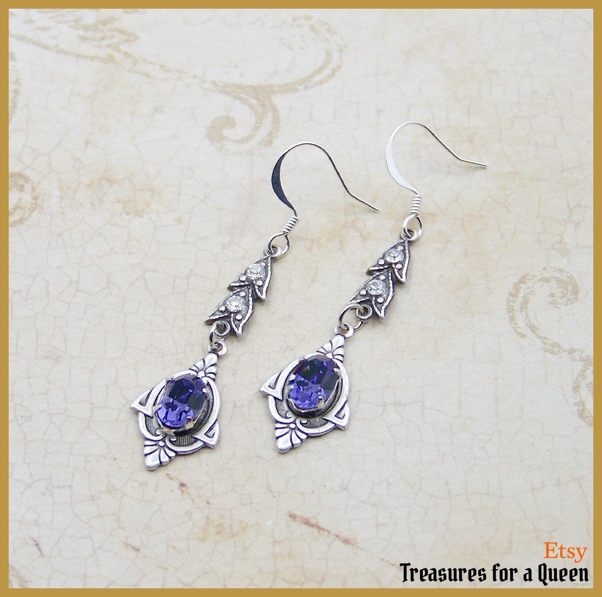 Victorian Dangle Earrings, Silver Plated Filigree French Hook Tanzanite Crystal