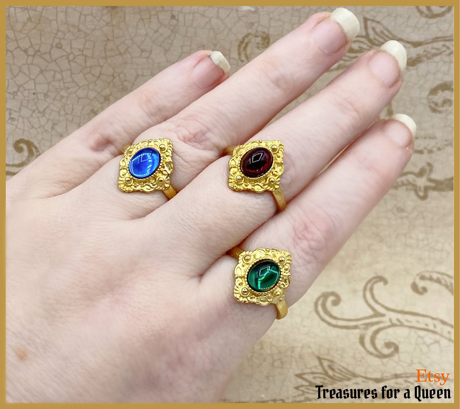 Medieval Tudor Renaissance Historical Reproduction Ring Raw Brass Adjustable Emerald Green Sapphire Blue Garnet Red Glass Faire Madrigal