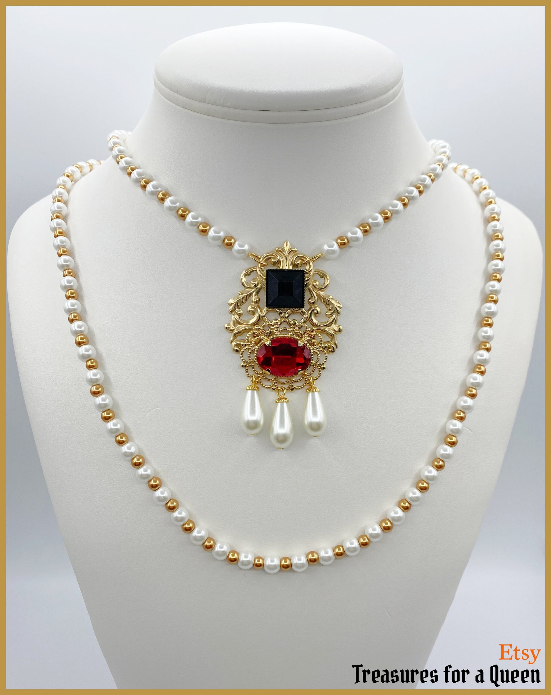 Queen Elizabeth I Historical Reproduction 2 Necklace Set Gold Brass Filigree Ruby Red Glass Beaded Glass Pearl Becoming Elizabeth Tudor