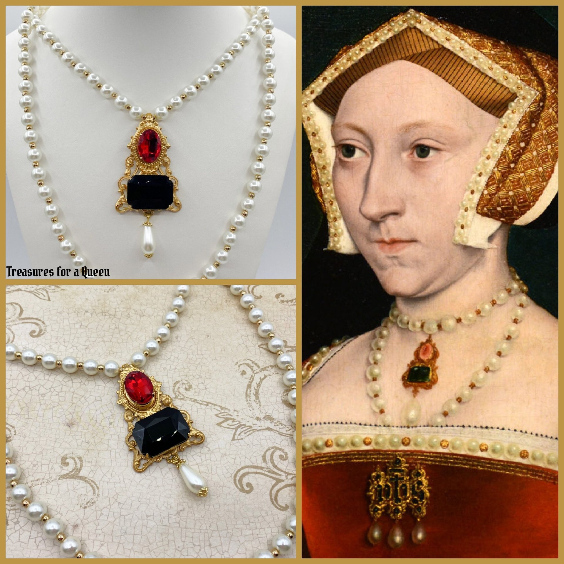 Jane Seymour Historical Reproduction 2 Necklace Set Tudor Replica Glass Pearl Brass Filigree Red Black Faceted Glass Gold Tone Bead Medieval