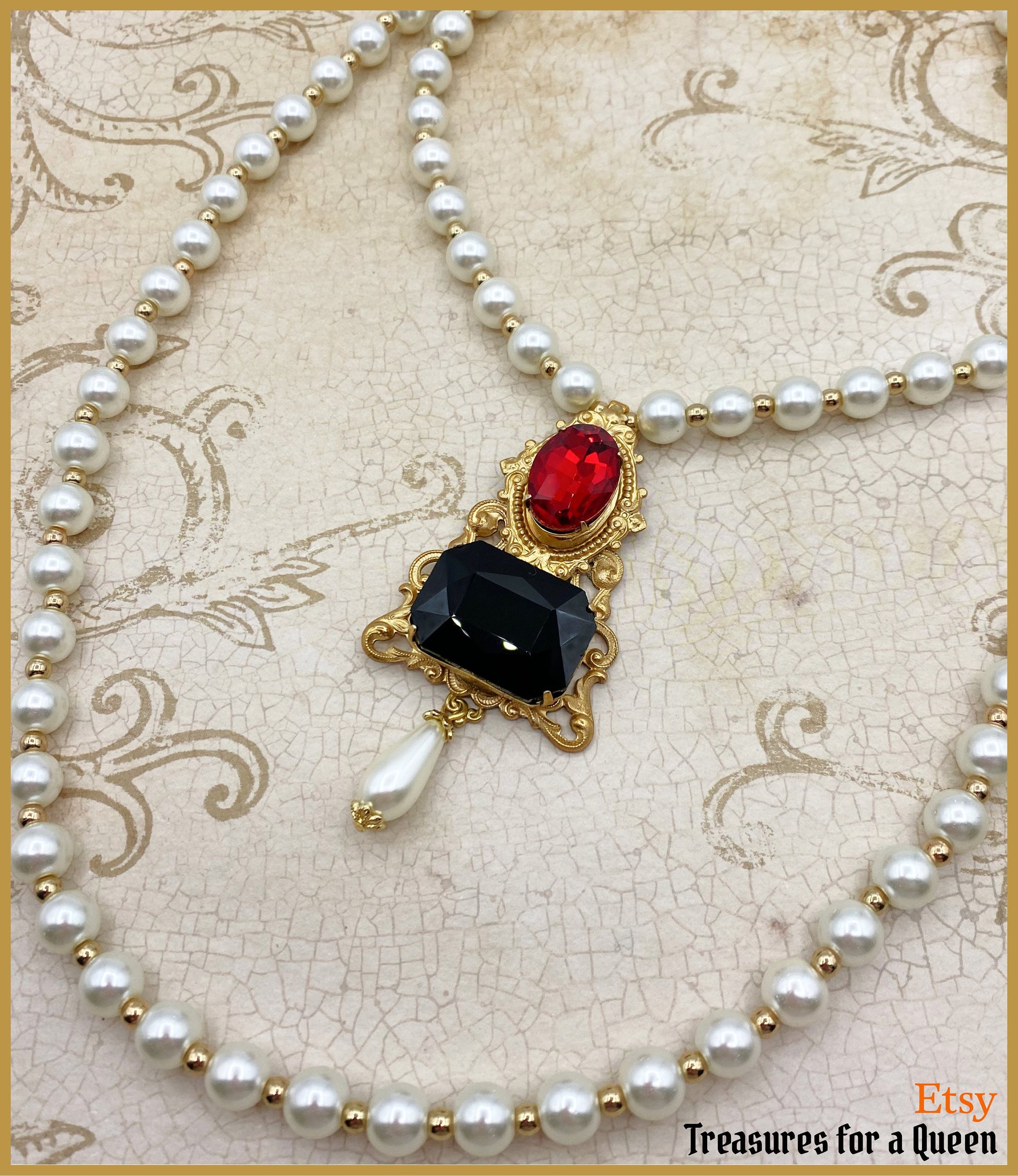 Jane Seymour Historical Reproduction 2 Necklace Set Tudor Replica Glass Pearl Brass Filigree Red Black Faceted Glass Gold Tone Bead Medieval